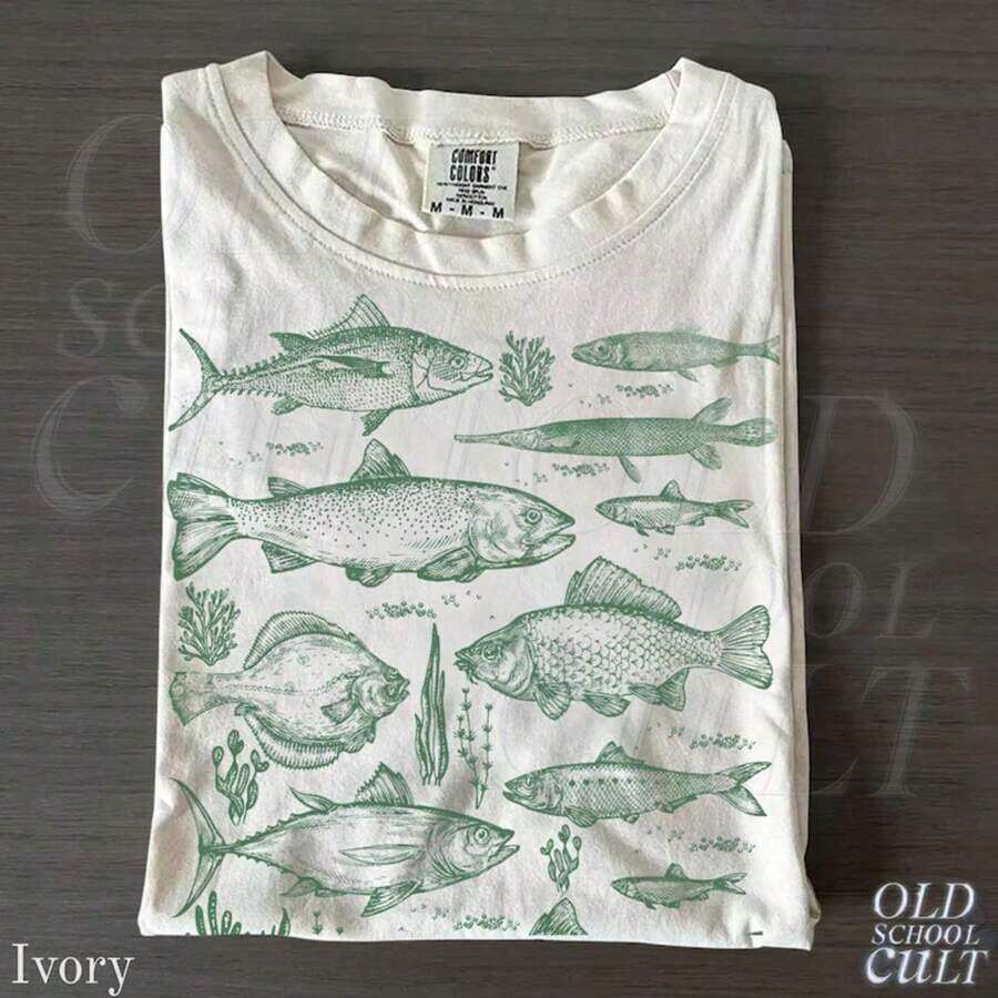 Camiseta estilo tatuaje de pez vintage, camiseta retro de pescador, camiseta de pez para hombre, camiseta de lubina, camiseta de pescador, para amantes de la pesca, regalos para pescadores, camiseta de océano - Negro - Ver 1