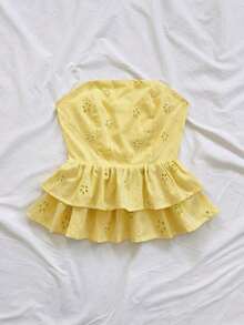 Blusa amarilla casual de verano estilo peplum sin espalda con lazo para mujer, look casual para vacaciones, almuerzo o de regreso a clases - Amarillo claro - Ver 4