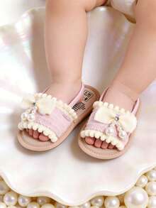Dép xăng đan màu hồng cho bé gái, có chi tiết ngọc trai và nơ, đế mềm, kiểu dáng thường ngày, thích hợp cho bé tập đi mùa hè. - Hồng - Xem 2