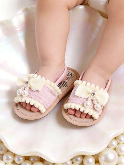 Infant Infant Girls' Pink Sandals With Pearl & Bow Detail Soft Sole Casual Shoes Toddler Summer Open Toe Prewalkers