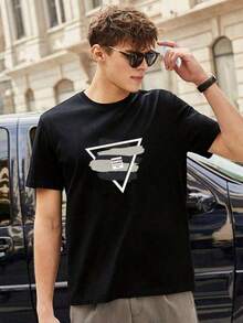 Camiseta de manga corta con cuello redondo y estampado geométrico para hombre D1YD - Negro - Ver 3