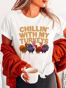 Camiseta con estampado de Día de Acción de Gracias, Top casual de manga corta y cuello redondo para verano y primavera, Ropa de mujer - Blanco - Ver 6