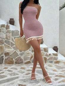 Vestido fruncido con diseño sin tirantes, cintura entallada y dobladillo con flecos en un estilo patchwork de colores, con aire sexy y de europea y americana para vacaciones - Rojo - Ver 6