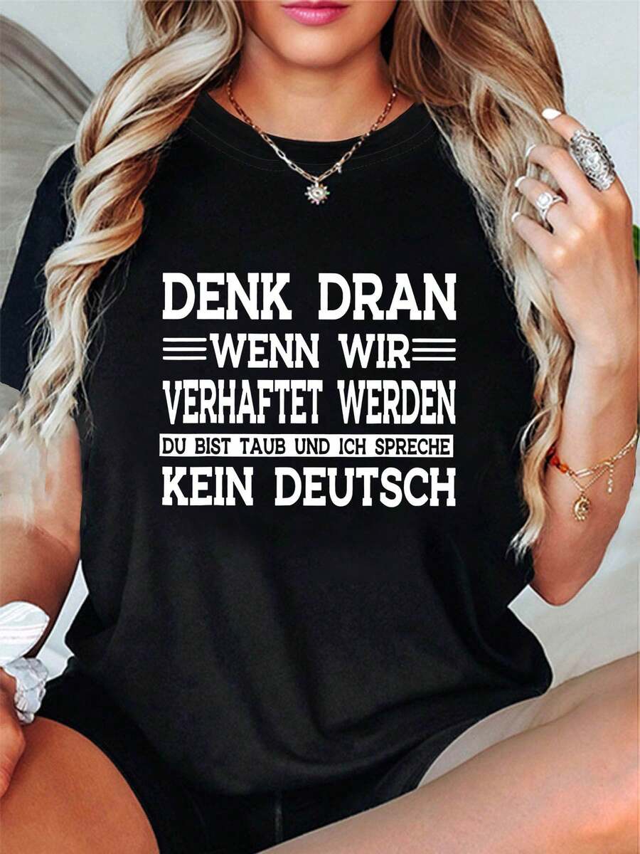 Plus Size, THINK ABOUT IT WHEN THEY TELL YOU YOU'RE DEAF AND THAT YOU'RE NOT GOING TODAY. Women's Plus Size Letter Print T-Shirt, Short Sleeve, Round Neck, Casual Top For Summer And Spring, Women's Clothing. - 黑色 - 查看 1