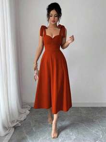 elegante y romántico para mujer con lazo decorativo en la cintura y corte evasé sin mangas - Óxido marrón - Ver 7