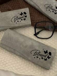 Glasses Case Printed With "Blessed" Text And Black Butterfly Pattern, Portable Flip-Top Fashion Glasses Storage Box, Vintage Style Eyewear Protective Sleeve, Lightweight Scratch-Resistant Glasses Storage Box (Suitable For Women's Daily Outings), Cute Christian Inspirational Glasses Case Gift For Girls - Multicolor - View 4