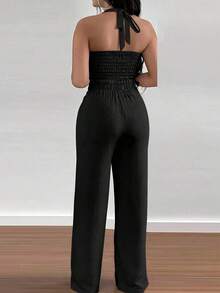 Conjunto de 2 piezas de chaleco sin espalda con atar en el cuello y pantalones de pierna ancha, estilo casual de vacaciones para mujer - Negro - Ver 2