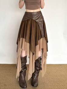 Top Dazzle Women's Boho Sexy Asymmetrical Layered Midi Skirt Elegant Polyester Tiered Design With Slight Stretch For Party Vacation Stage & Concert - Brown - View 9