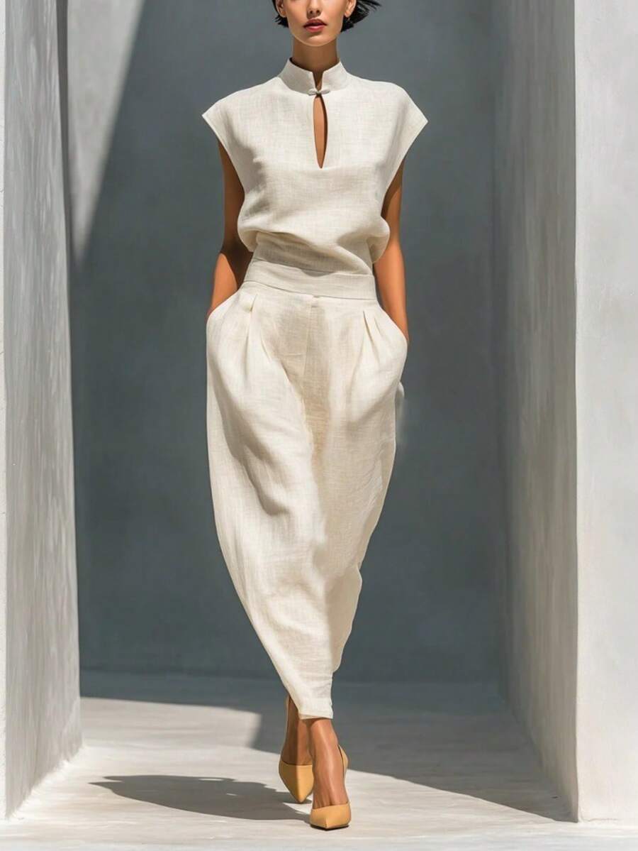 Ocio independiente, moda y elegancia, cuello, imitación de tela de cáñamo, adelgazamiento de dos piezas - Blanco - Ver 1