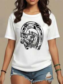 Dos caballos dentro de una herradura simbolizan la fuerza y la buena fortuna en el camino de la vida camiseta de mujer 100% algodón suave y cómoda para uso diario,maija mujer. - Blanco - Ver 1