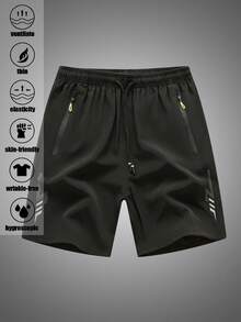 Plus Size Men's Printed Shorts, Summer Elastic Straight Leg Knee-Length Pants, Solid Color, Drawstring Waist, Lightweight, Suitable For Sports, Running, Fitness, Training, Cycling, Hiking, Camping, Fishing - Black - View 3