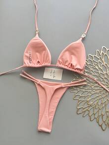 两件套休闲优雅性感波西米亚风花卉扎染边饰比基尼泳衣，适合海滩度假，春夏皆宜 - 粉色 - 查看 2