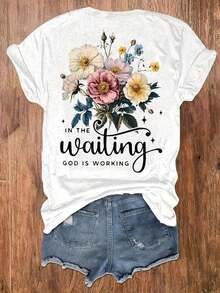 Camiseta com estampa gráfica, manga curta e gola redonda, blusa casual para o verão e a primavera, roupas femininas, blusas femininas. - Preto - Ver 6