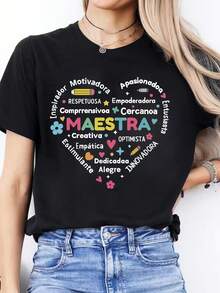 Women's Spanish Teacher T-Shirt - Spanish Language Print And Maestra/Mestre/Profesor Icons - Casual Round Neck Short Sleeve Top For Educators, Spanish Classes, Spring And Summer Clothing (Spanish Phrases) - 黑色 - 查看 7
