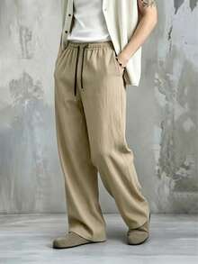 男士休闲宽松亚麻直筒裤，速干户外运动裤，夏季 - 卡其色 - 查看 4