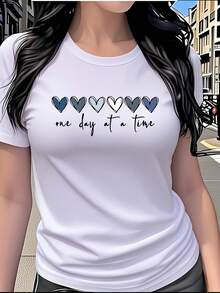 CAMISETA "ONE DAY AT A TIME" de 6 corazones en colores sólidos, cuello redondo y manga corta, Ropa casual para mujer - Blanco - Ver 6