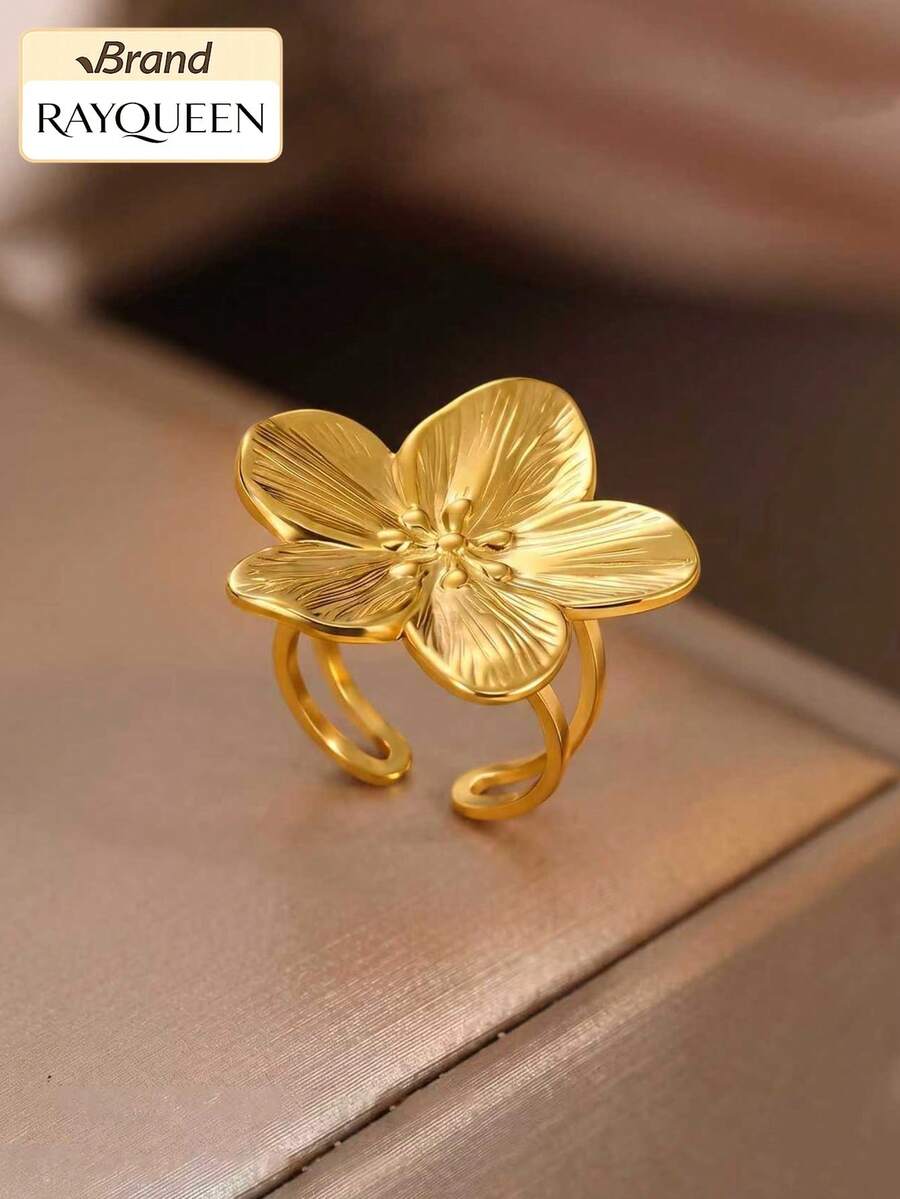 RAYQUEEN 1pc Stainless Steel Exaggerated Big Flower Open Ring, Suitable For Holidays, Gifts, Beach Parties - Ring - View 1