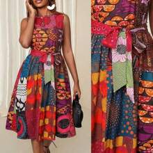 Women's African Mixed Print Sleeveless Round Neck Casual Dress, Random Print - Multicolor - Ver 1