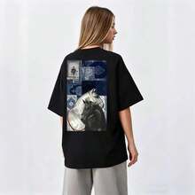 Camiseta de manga corta con estampado de caballo en blanco y negro estilo retro americano, unisex, estilo urbano, holgada y de gran tamaño, estilo para parejas. - Blanco - Ver 3