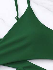 Swim Vcay Bikini minimalista de unicolor 2025, ropa de baño de playa de vacaciones de verano - Verde Oscuro - Ver 5