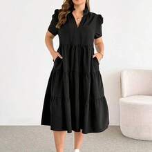 Shapeblank Vestido midi negro básico de manga corta, cómodo y suelto, para uso diario y versátil, de moda casual para mujer talla grande, vestido de verano con bolsillos, vestido elegante - Caqui - Ver 6