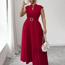 Vestido maxi de talla grande para mujer, de primavera/verano, con cuello de corazón, sin mangas, con pliegues en la cintura, hebilla en la cintura, falda recogida, bolsillos, en color liso, para uso casual, de viaje, para tomar el té de la tarde, para el Día de San Valentín y fiestas, con estilo romántico francés y elegante de Sicilia - Marrón - Ver 6