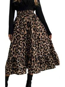 Falda para mujer con estampado de leopardo, cintura alta, holgada y de vuelo largo para uso casual - Color de la imagen - Ver 4
