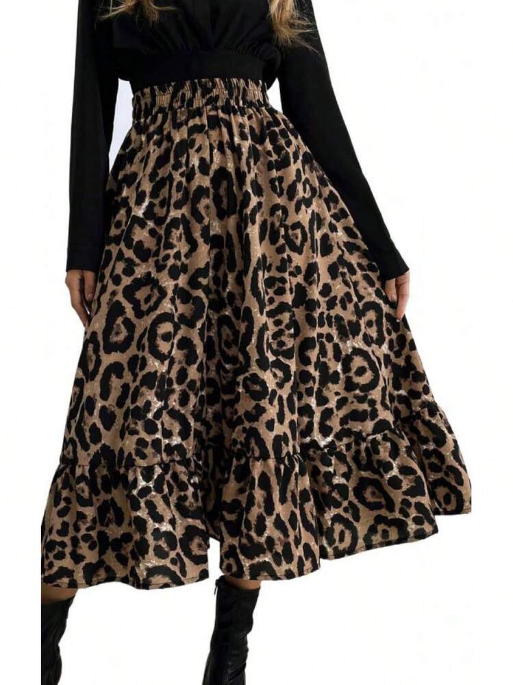 Women's Leopard Print Skirt, High Waist, Loose And Flared Long For Casual Wear - 圖片色 - 查看 4