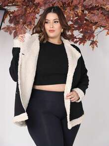 Women's Plus Size Coat With Button, Plush, Thick, Long Sleeves, Winter - Negro - Ver 2