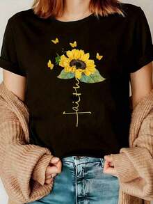 Women's T-Shirt 100% Cotton - Casual Floral Print Round Neck T-Shirt - Short Sleeve, Round Neck, Lightweight Polyester, Fashionable Spring/Summer/Autumn Top For Casual Outfits, Ladies' T-Shirts - Lightweight, Breathable, A Summer Hit. - 黑色 - 查看 8