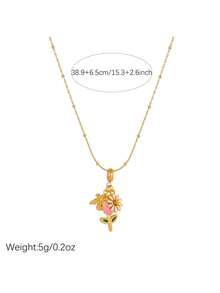 1 chiếc dây chuyền mặt dây chuyền hình hoa hồng cúc nhỏ giọt mạ vàng dễ thương thời trang dành cho nữ, thích hợp đeo hàng ngày, kiểu dáng thanh lịch. - Hồng - Xem 5