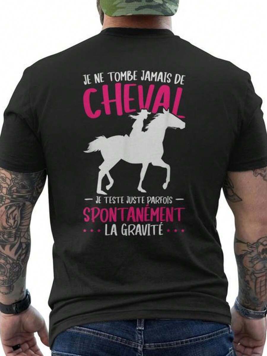 Summer T-Shirt With A Humorous Equine-Themed Design That Says "I Never Fall Off A Horse" - Made For Men - Made With Soft, Lightweight Material - Short Sleeve Style - Loose And Comfortable For Summer. - Back - View 1