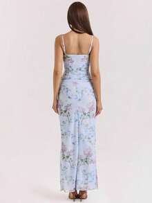 Nuevo Vestido envoltura floral tirantes cuello barco espalda abierta look elegante - Azul - Ver 4