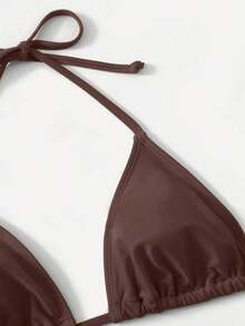 Women's Simple Solid Color Swim Bikini With A Halter Neck And Cutout, Suitable For Beach Vacations And Summer. - Whole Grain Coffee - View 5