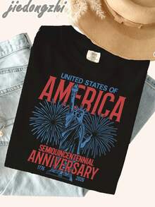 1 Piece Women's Graphic T-Shirt With USA 250th Semicentennial Design, Statue Of Liberty Fireworks Print, Summer T-Shirts, 4th Of July Outfit, Patriotic Aesthetic Cotton T-Shirts, 180g 100% Cotton. - 黑色 - 查看 3