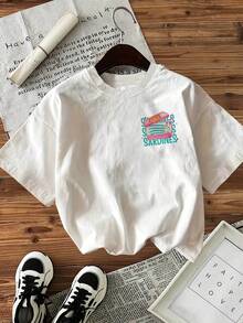 Top Casual de Primavera/Verano para Mujer, Estilo Fresco, Estampado de Sardinas, Limones y Aceite de Oliva, Camiseta Corta de Moda con Cuello Redondo - Albaricoque - Ver 8