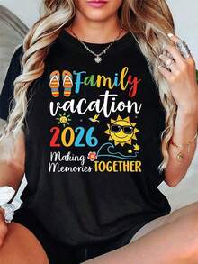 Camiseta de Mujer con Temática de Vacaciones Familiares 2026 - Decoración con Slogan de Chanclas y Sol, Manga Corta Casual, Colorida, Cálida y Animada, Camiseta de Vacaciones Familiares, Cómoda, de Cuello Redondo, Casual, de Algodón Puro, Estampada con Patrones Gráficos Deportivos a la Moda, Estilo Unisex para Parejas, Estilo Urbano Y2K, Adecuada para Celebraciones Festivas, Día de la Madre, Día del Padre, Día de la Independencia, Camiseta de Manga Corta para Mujer, Regalos de Cumpleaños - Negro - Ver 1