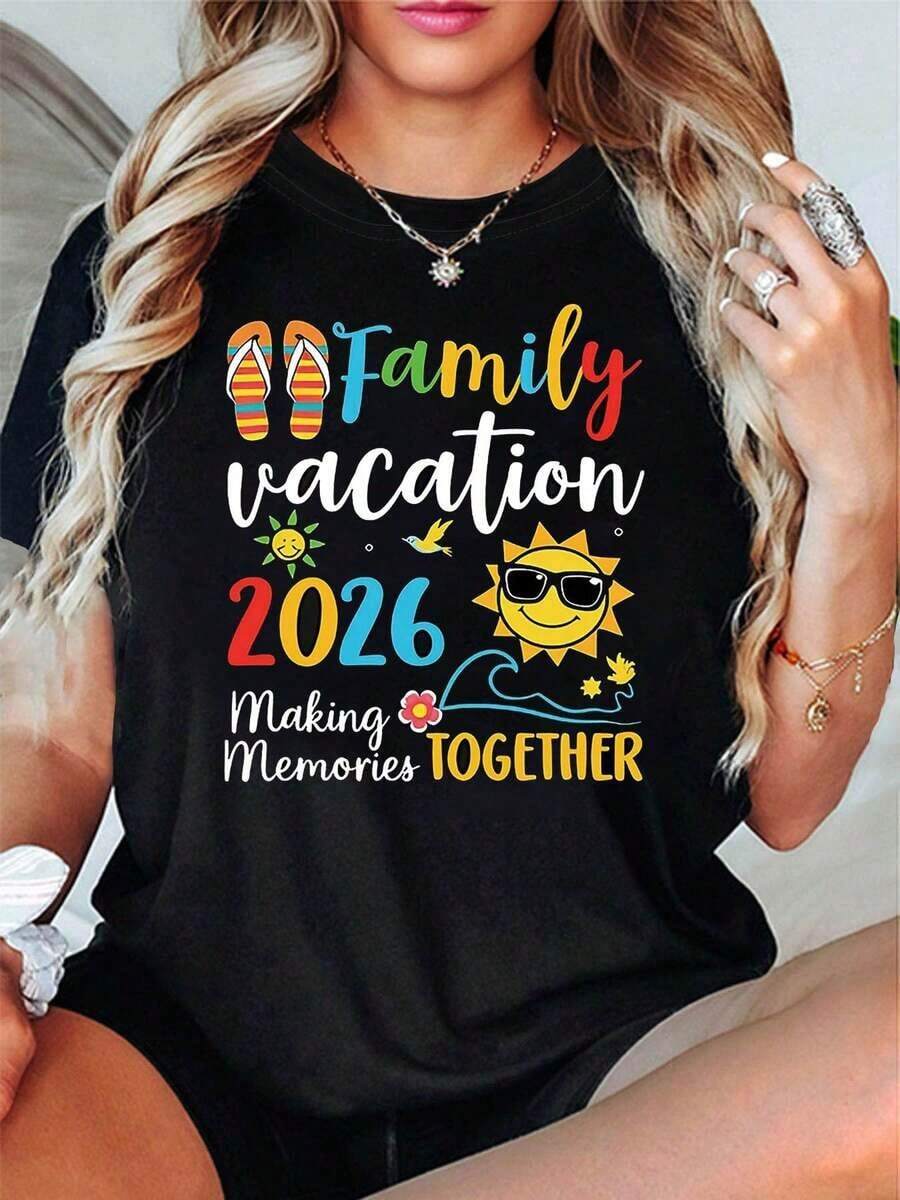 Camiseta de Mujer con Temática de Vacaciones Familiares 2026 - Decoración con Slogan de Chanclas y Sol, Manga Corta Casual, Colorida, Cálida y Animada, Camiseta de Vacaciones Familiares, Cómoda, de Cuello Redondo, Casual, de Algodón Puro, Estampada con Patrones Gráficos Deportivos a la Moda, Estilo Unisex para Parejas, Estilo Urbano Y2K, Adecuada para Celebraciones Festivas, Día de la Madre, Día del Padre, Día de la Independencia, Camiseta de Manga Corta para Mujer, Regalos de Cumpleaños - Negro - Ver 1