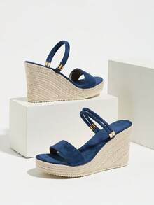 Women's Wedge Thick Bottom Sandals, Woven Straw Rope, Minimalist Strap Two-Way Wear Round Toe High Heel Slides - Blue - View 8
