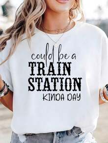 Women's White T-Shirt With "TRAIN STATION" Phrase And Funny Quote Of The Day, Witty Humor Shirt With Retro Style, Casual Loose Statement Blouse, Gift Tops For Busy Days. Suitable As A Gift. Women's T-Shirt. Blouses > Elegant. Boho Chic. Exquisite Printed Crew Neck T-Shirt For Women, Ideal For Various Seasons, Perfect For Vacations, Travel, And Holidays. - 白色的 - 查看 8