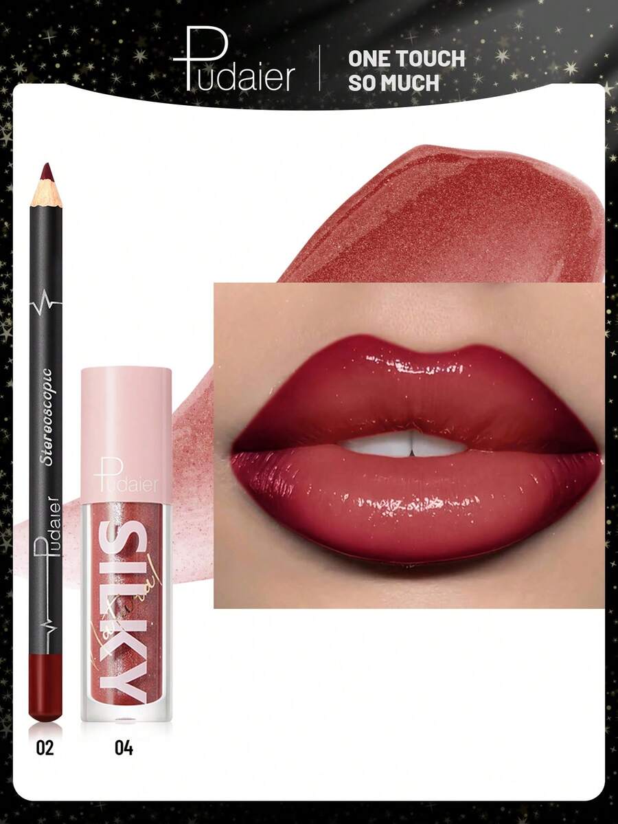 Pudaier 2-In-1 Lip Set: Moisturizing Lip Liner Pencil And Lip Gloss | Waterproof And Smudge-Proof, Shaping Lips, Universal Shades | Ideal Valentine's Day Gift - 02+04 - 查看 1