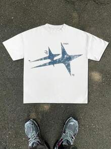 100% Cotton. New Men's T-Shirt, Y2K Print, Basic Black Loose Fit, With Distressed White Textured Star Main Print And Detailed Text Logos. - 黑色的 - 查看 11