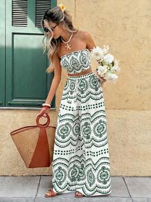 Frenchy Conjunto de 2 piezas de top tubo corto y pantalones de pierna ancha con estampado de plantas para vacaciones de mujer - Verde - Ver 8