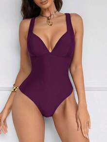 Traje de baño de una pieza con control de abdomen y push-up, con parches de color marrón, cordón de ajuste elegante y sexy, para fiestas y piscina - Rojo violeta - Ver 8