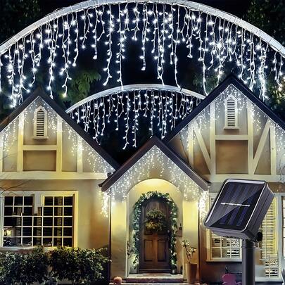 1 pieza Luces de cadena de hielo solares LED de 96 luces, a prueba de agua, lámpara de cortina de hadas romántica para colgar en el jardín, patio, Halloween, Navidad, Acción de Gracias, campamento, boda, fiesta de cumpleaños, decoración festiva