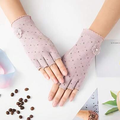 1 Pair Of New Spring/Summer Women's Fingerless Gloves With Floral Decoration, Breathable Outdoor Gloves, Convenient For Office Writing, Summer Fingerless Gloves