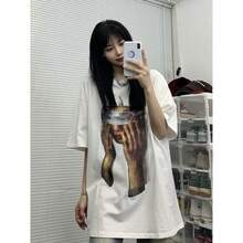 Camiseta holgada de manga corta unisex de talla grande, estilo retro americano,  nacional, hip-hop, para parejas, verano, diseño urbano europeo y americano. - Negro - Ver 3