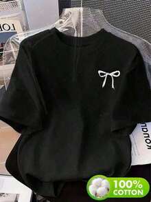 Camiseta bicolor en blanco y negro con estampado de lazo simple - Casual y versátil - Negro - Ver 7