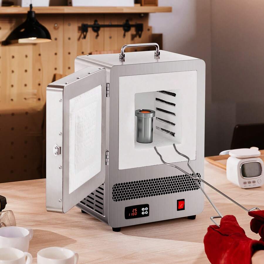 Tisch-Schmelzofen 1500 W leistungsstarker elektrischer Ofen 1200 ℃ maximale Temperatur, Goldschmelzofen aus Edelstahl für Wachsguss Ton-DIY Metalltemperierung Glasieren auf Keramik, Silber - 1500 W, 15,2 x 15,2 x 14 cm - Übersicht 1