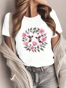 Camiseturara Women's Pink And Hummingbird Floral Print Shirt - Soft And Breathable Short Sleeve, Round Neck, Botanical Design In Pink And Green For Spring And Summer Casual Outfits, Machine Washable (Black Base) - 白色 - 查看 1